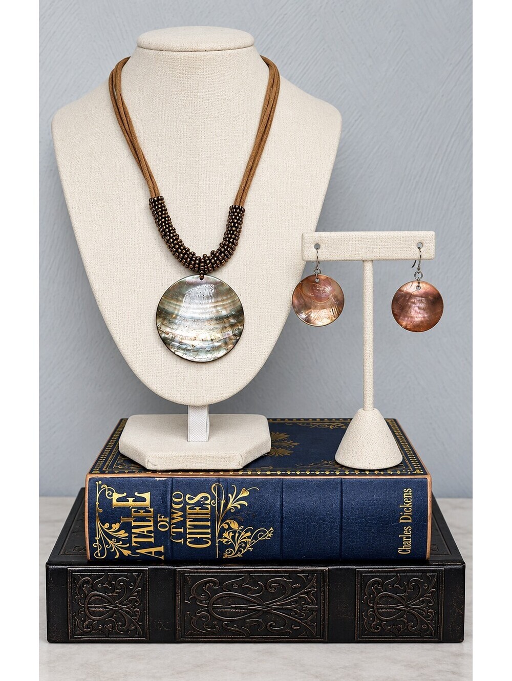 Lia Sophia Harvest Moon Abalone Shell Pendant Brown Cord Boho Necklace